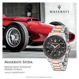MASERATI Chronograph Maserati Herrenuhr Sfida Chrono, (Armbanduhr), Herrenuhr rund, groß (ca. 44mm) Edelstahlarmband, Made-In Italy