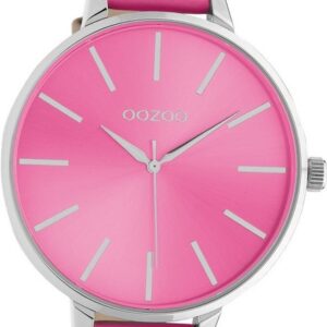 OOZOO Quarzuhr Oozoo Damen Armbanduhr Timepieces, (Analoguhr), Damenuhr Lederarmband pink, rundes Gehäuse, extra groß (ca. 48mm)