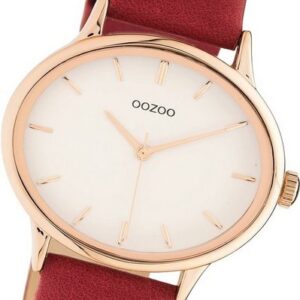 OOZOO Quarzuhr Oozoo Damen Armbanduhr Timepieces, (Analoguhr), Damenuhr Lederarmband rot, rundes Gehäuse, groß (ca. 42mm)