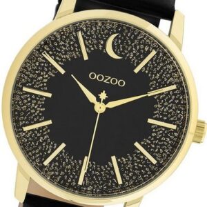 OOZOO Quarzuhr Oozoo Damen Armbanduhr Timepieces, (Analoguhr), Damenuhr Lederarmband schwarz, rundes Gehäuse, groß (ca. 40mm)