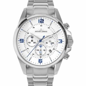 Jacques Lemans® Liverpool Chrono Weiß Stahlband Herrenuhr - 1-2118E - Silber-Weiß - Quarz-Uhrwerk - Chronograph, Stoppuhr