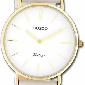 OOZOO Quarzuhr Oozoo Damen Armbanduhr Vintage Series, (Analoguhr), Damenuhr Lederarmband beige, rundes Gehäuse, groß (ca. 40mm)