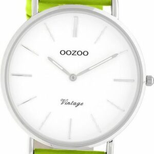OOZOO Quarzuhr Oozoo Damen Armbanduhr Vintage Series, (Analoguhr), Damenuhr Lederarmband gelbgrün, rundes Gehäuse, groß (ca. 40mm)