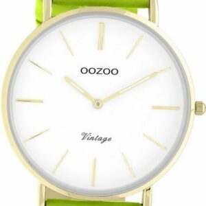OOZOO Quarzuhr Oozoo Damen Armbanduhr Vintage Series, (Analoguhr), Damenuhr Lederarmband gelbgrün, rundes Gehäuse, groß (ca. 40mm)