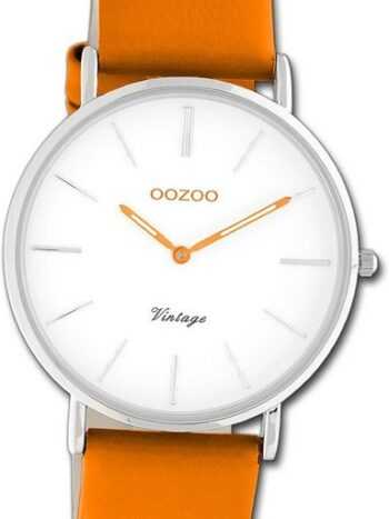 OOZOO Quarzuhr Oozoo Damen Armbanduhr Vintage Series, (Analoguhr), Damenuhr Lederarmband orange, rundes Gehäuse, groß (ca. 40mm)