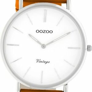 OOZOO Quarzuhr Oozoo Damen Armbanduhr Vintage Series, (Analoguhr), Damenuhr Lederarmband orange, rundes Gehäuse, groß (ca. 40mm)