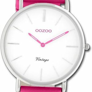 OOZOO Quarzuhr Oozoo Damen Armbanduhr Vintage Series, (Analoguhr), Damenuhr Lederarmband pink, rundes Gehäuse, groß (ca. 40mm)