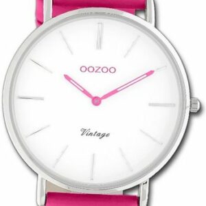 OOZOO Quarzuhr Oozoo Damen Armbanduhr Vintage Series, (Analoguhr), Damenuhr Lederarmband pink, rundes Gehäuse, mittel (ca. 36mm)