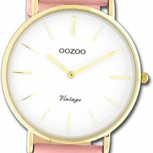 OOZOO Quarzuhr Oozoo Damen Armbanduhr Vintage Series, (Analoguhr), Damenuhr Lederarmband rosa, rundes Gehäuse, groß (ca. 40mm)