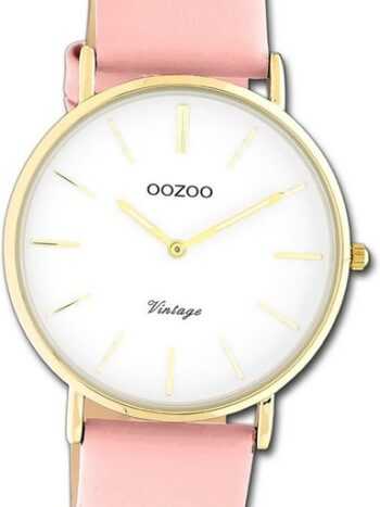 OOZOO Quarzuhr Oozoo Damen Armbanduhr Vintage Series, (Analoguhr), Damenuhr Lederarmband rosa, rundes Gehäuse, groß (ca. 40mm)