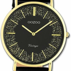 OOZOO Quarzuhr Oozoo Damen Armbanduhr Vintage Series, (Analoguhr), Damenuhr Lederarmband schwarz, rundes Gehäuse, groß (ca. 40mm)