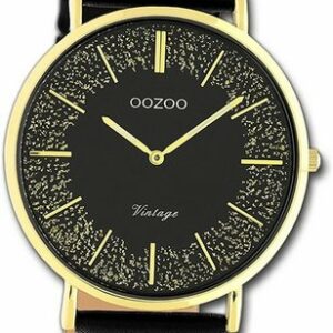 OOZOO Quarzuhr Oozoo Damen Armbanduhr Vintage Series, (Analoguhr), Damenuhr Lederarmband schwarz, rundes Gehäuse, mittel (ca. 32mm)
