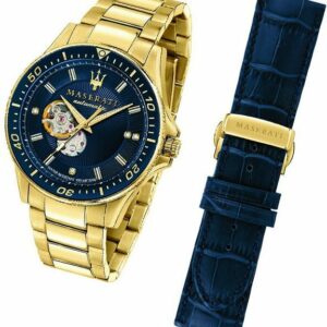 MASERATI Quarzuhr Maserati Edelstahl Armband-Uhr, (Analoguhr), Herrenuhr Edelstahlarmband, rundes Gehäuse, groß (ca. 44mm) blau