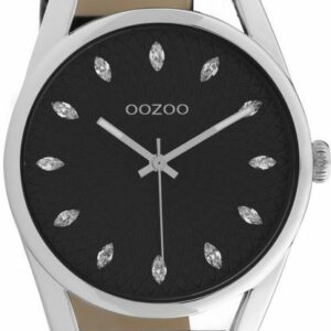 OOZOO Quarzuhr Damenuhr C10818 Cubic Zirkonia Lederband Schwarz 42 mm