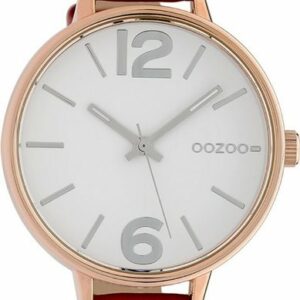 OOZOO Quarzuhr Oozoo Damen Armbanduhr OOZOO Timepieces, (Analoguhr), Damenuhr rund, groß (ca. 42mm), Lederarmband rot, Fashion