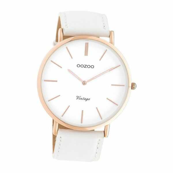 OOZOO Quarzuhr Oozoo Damen Armbanduhr OOZOO Vintage, (Analoguhr), Damenuhr rund, groß (ca. 44mm), Lederarmband weiß, Fashion