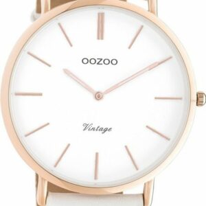 OOZOO Quarzuhr Oozoo Damen Armbanduhr Vintage, (Analoguhr), Damenuhr rund, groß (ca. 44mm), Lederarmband weiß, Fashion