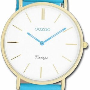 OOZOO Quarzuhr Oozoo Damen Armbanduhr Vintage hellblau, (Analoguhr), Damenuhr Lederarmband blau, rundes Gehäuse, groß (ca. 40mm)