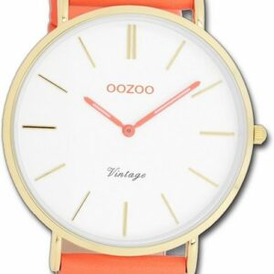 OOZOO Quarzuhr Oozoo Damen Armbanduhr Vintage orange, (Analoguhr), Damenuhr Lederarmband orange, rundes Gehäuse, groß (ca. 40mm)