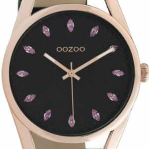 OOZOO Quarzuhr Damenuhr C10819 Rosé Cubic Zirkonia Lederband Schwarz 42 mm