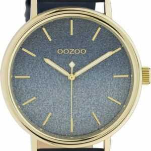 OOZOO Quarzuhr Damenuhr C10938 vergoldet Glitzer-ZB Lederband Blau 42 mm