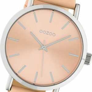OOZOO Quarzuhr Oozoo Damen Armbanduhr Timepieces, Damenuhr Lederarmband beige, rosa, rundes Gehäuse, groß (ca. 42mm)