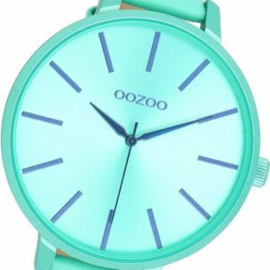 OOZOO Quarzuhr Oozoo Damen Armbanduhr Timepieces, Damenuhr Lederarmband grün, rundes Gehäuse, extra groß (ca. 48mm)