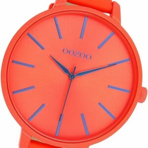 OOZOO Quarzuhr Oozoo Damen Armbanduhr Timepieces, Damenuhr Lederarmband rot, orange, rundes Gehäuse, groß (ca. 48mm)