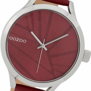 OOZOO Quarzuhr Oozoo Damen Armbanduhr Timepieces, Damenuhr Lederarmband rot, rundes Gehäuse, groß (ca. 43mm)