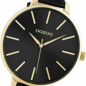 OOZOO Quarzuhr Oozoo Damen Armbanduhr Timepieces, Damenuhr Lederarmband schwarz, rundes Gehäuse, extra groß (ca. 48mm)