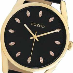 OOZOO Quarzuhr Oozoo Damen Armbanduhr Timepieces, Damenuhr Lederarmband schwarz, rundes Gehäuse, groß (ca. 45mm)