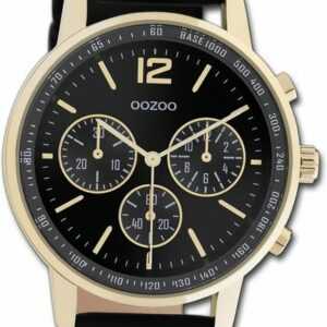 OOZOO Quarzuhr Oozoo Damen Armbanduhr Timepieces gold, Damenuhr Lederarmband schwarz, rundes Gehäuse, groß (ca. 42mm)