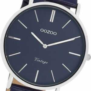OOZOO Quarzuhr Oozoo Damen Armbanduhr Vintage Analog, Damenuhr Lederarmband blau, rundes Gehäuse, groß (ca. 40mm)
