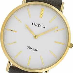OOZOO Quarzuhr Oozoo Damen Armbanduhr Vintage Analog, Damenuhr Lederarmband grau, rundes Gehäuse, mittel (ca. 32mm)