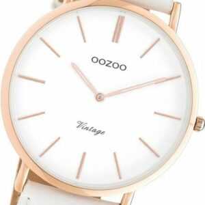 OOZOO Quarzuhr Oozoo Damen Armbanduhr Vintage Analog, Damenuhr Lederarmband weiß, rundes Gehäuse, groß (ca. 44mm)