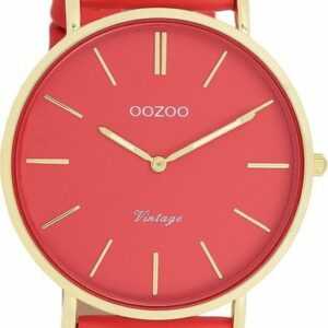 OOZOO Quarzuhr Oozoo Damen Armbanduhr Vintage Analog, Damenuhr rund, groß (ca. 40mm), Lederarmband orange, rot, Fashion