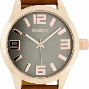 OOZOO Quarzuhr Oozoo Damen Armbanduhr rot, (Analoguhr), Damenuhr rund, extra groß (ca. 46mm) Lederarmband, Fashion-Style