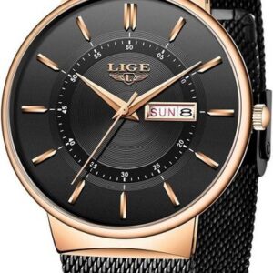 Lige LG9949B-FD-DE Watch (1.57 Zoll), Herren-Armbanduhr Schwarz Gold ultradünn, Edelstahl, modisch, analog