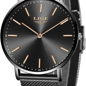 Lige Watch (1,57 Zoll), Herren-Armbanduhr Schwarz ultradünn, Edelstahl, modisch, analog, Quarz