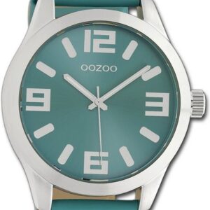 OOZOO Quarzuhr Oozoo Armbanduhr Timepieces, Damenuhr Lederarmband türkis, rundes Gehäuse, extra groß (ca. 47mm)
