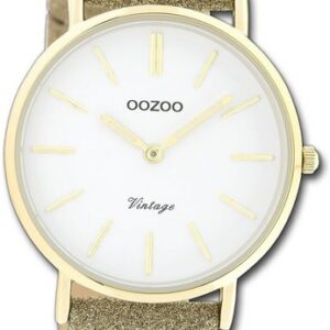 OOZOO Quarzuhr Oozoo Damen Armbanduhr Ultra Slim, Damenuhr Lederarmband gold, rundes Gehäuse, mittel (ca. 32mm)