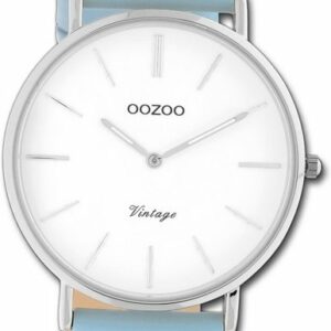 OOZOO Quarzuhr Oozoo Damen Armbanduhr Ultra Slim, Damenuhr Lederarmband hellblau, rundes Gehäuse, groß (ca. 40mm)