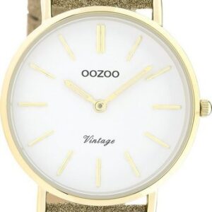 OOZOO Quarzuhr Oozoo Damen Armbanduhr gold Analog, Damenuhr rund, mittel (ca. 32mm) Lederarmband, Elegant-Style