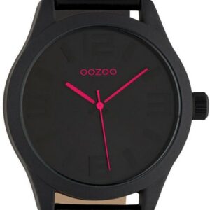 OOZOO Quarzuhr Oozoo Damen Armbanduhr schwarz, Damenuhr rund, groß (ca. 45mm) Lederarmband, Fashion-Style
