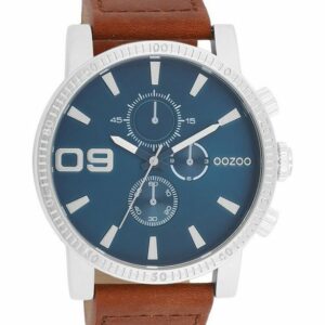 OOZOO Quarzuhr XXL Herrenuhr Chronolook C11210 Blau Lederband Braun 48 mm