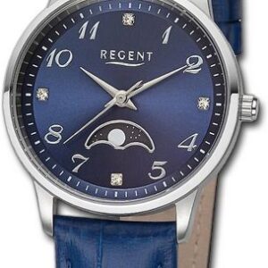 Regent Quarzuhr Regent Damen Armbanduhr Analog, Damenuhr Lederarmband blau, rundes Gehäuse, extra groß (ca. 31,5mm)