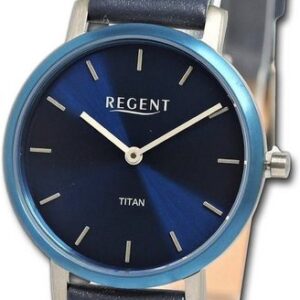 Regent Quarzuhr Regent Damen Armbanduhr Analog, Damenuhr Lederarmband blau, rundes Gehäuse, extra groß (ca. 31mm)