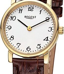Regent Quarzuhr Regent Damen Armbanduhr Analog, Damenuhr Lederarmband braun, rundes Gehäuse, extra groß (ca. 26,5mm)
