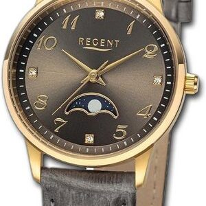 Regent Quarzuhr Regent Damen Armbanduhr Analog, Damenuhr Lederarmband braun, rundes Gehäuse, extra groß (ca. 31,5mm)