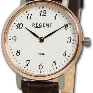 Regent Quarzuhr Regent Damen Armbanduhr Analog, Damenuhr Lederarmband braun, rundes Gehäuse, extra groß (ca. 31mm)